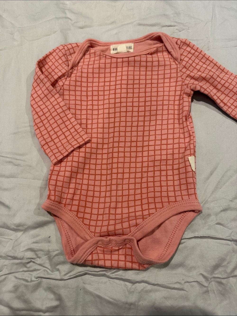 Rabbit + Bear Long-Sleeve Grid Print Baby Bodysuit in Dusty Pink
